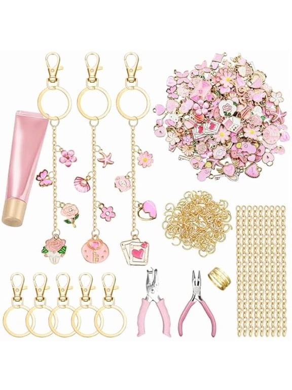 325 Pcs Pink Keychain Making Kit with Random Pendants, Pliers, Jump Rings, 8.2 ft Chains, Hole Punch, DIY Charms Lip Gloss Keychain Supplies for Jewelry Making, DIY Crafts