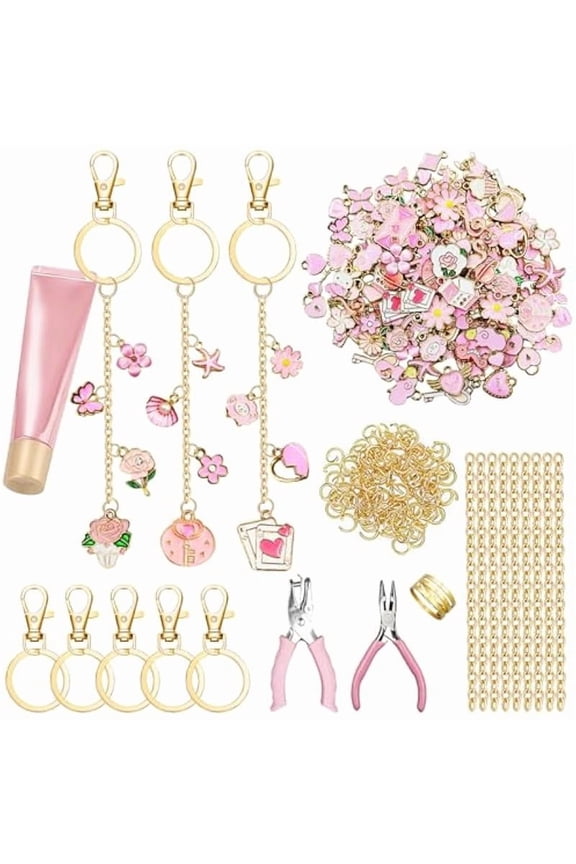 325 Pcs Pink Keychain Making Kit with Random Pendants, Pliers, Jump Rings, 8.2 ft Chains, Hole Punch, DIY Charms Lip Gloss Keychain Supplies for Jewelry Making, DIY Crafts