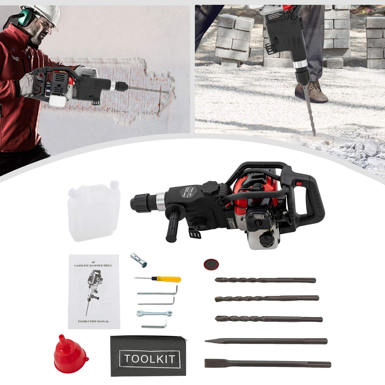 326cc 2 Stroke Gas Powered Demolition Jack Hammer Concrete Breaker Punch Drill 1800W 30J Gasoline Concrete Breaker Post Driver Fende Knocker Jack Hammer with Pointed and Flat Chisel, 3X Drills