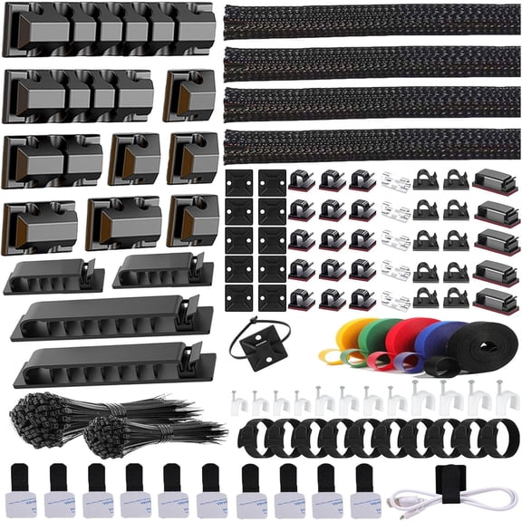 327 PCS Cable Management Kit 4 Cable Cable Sleeves,65 Cable Clips with 13Cord Holders,25 Roll Cable Organizer Straps,200 Fastening Cable Ties,20 Cable Zip Tie Mounts for Computer (Black)