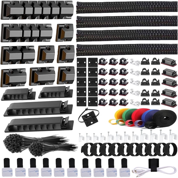 327 PCS Cable Management Kit 4 Cable Cable Sleeves,65 Cable Clips with 13Cord Holders,25 Roll Cable Organizer Straps,200 Fastening Cable Ties,20 Cable Zip Tie Mounts for Computer (Black)