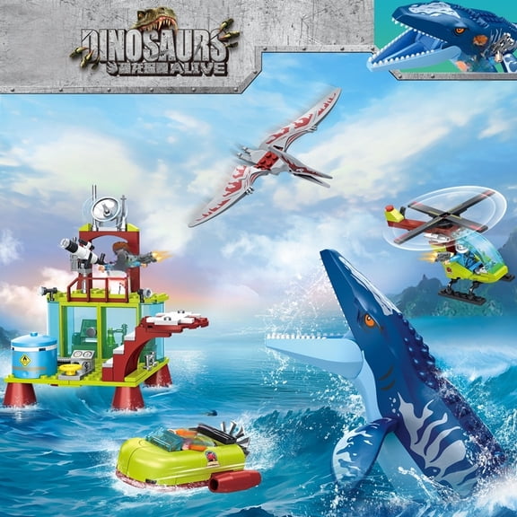 327pcs Jurassic Dinosaur Escape From Ocean Building Block Alive Ship Mosasaurus Assembly Bricks Educational Toy Christmas Gift