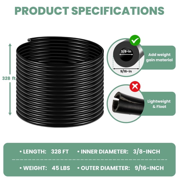 328 FT Weighted Pond Air Hose, Self Sinking PVC Tubing 3/8" ID, 45 lbs, with 4 Brass Menders for Aquaculture Oxygen