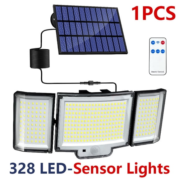 328 LED Split Solar Motion Sensor Wall Lights, Remote Control, 3 Heads Waterproof Outdoor Security Lights
