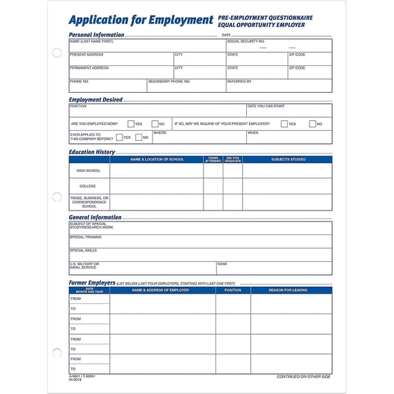 32851 Employee Application Form, 8-3/8 x 11, 50 Forms/Pad, 2 Pads/Pack