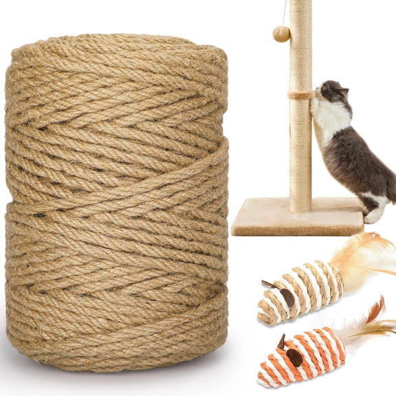 328FT/100M Cat Scratching Sisal Rope, 6mm 1/4 inch Thick Natural Jute Rope for Scratch Posts, Cat Trees, DIY Projects, Sisal Rope for Cat Scratcher with 2 Cat Mouse Toys (Natural, 328ft)