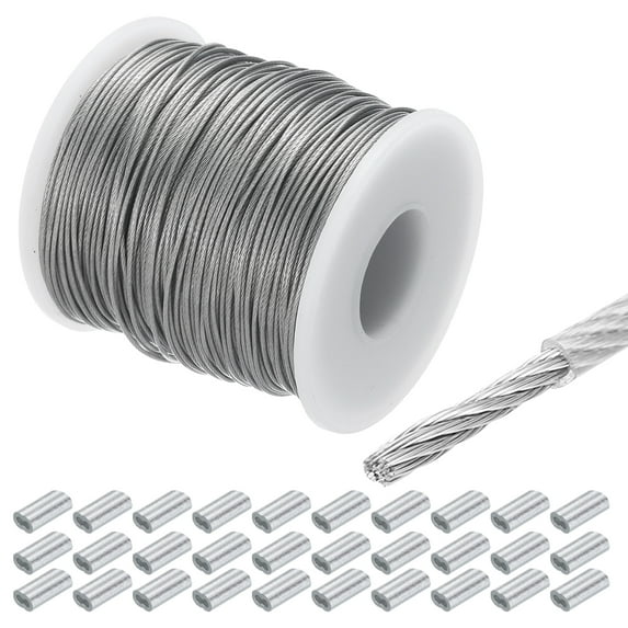 328Ft(100M) Wire Rope 304 Stainless Steel Cable 3/64"(1mm) Vinyl Coated with 30Pcs Aluminum Sleeves Transparent