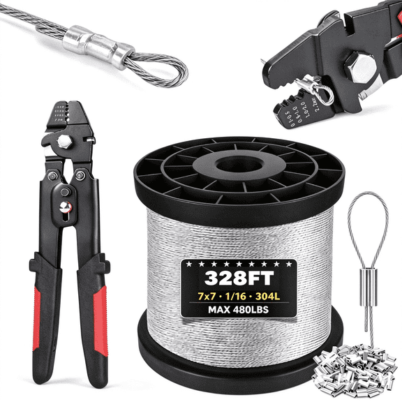 Wire Rope Crimping Tool Kit, 328ft Stainless Steel Wire Cable with Aluminum Crimping Sleeves and Thimbles
