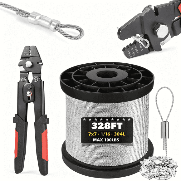 328ft Wire Rope Crimping Tool Kit, Stainless Steel Wire Rope Cable with Aluminum Crimping Sleeves and Stainless Steel Thimbles for Railing, Decking, Picture Hanging
