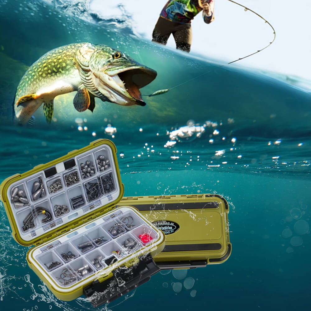 329Pcs All-in-One Waterproof Fishing Tackle Kit, Complete Fishing Gear Set with Hooks Sinkers Swivels Connectors Lines Split Rings Carabiners with Waterproof Storage Box for Freshwater Saltwater