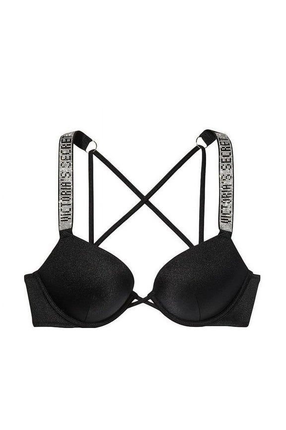 32AA VICTORIA'S SECRET Shine Strap Bombshell Add-2-cups Push-Up Swim Bra Top Black Crystal Band