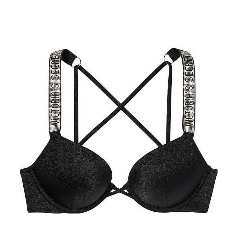 32B New Victoria's Secret Shine Strap BOMBSHELL Add 2 cups Swimsuit Black  Bikini Swim Top 