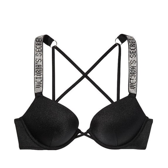 32C VICTORIA'S SECRET Shine Strap Bombshell Add-2-cups Push-Up Swim Bra Top Black Crystal Band
