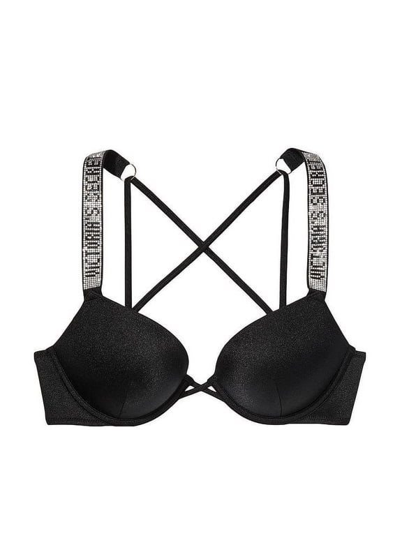 32C VICTORIA'S SECRET Shine Strap Bombshell Add-2-cups Push-Up Swim Bra Top Black Crystal Band