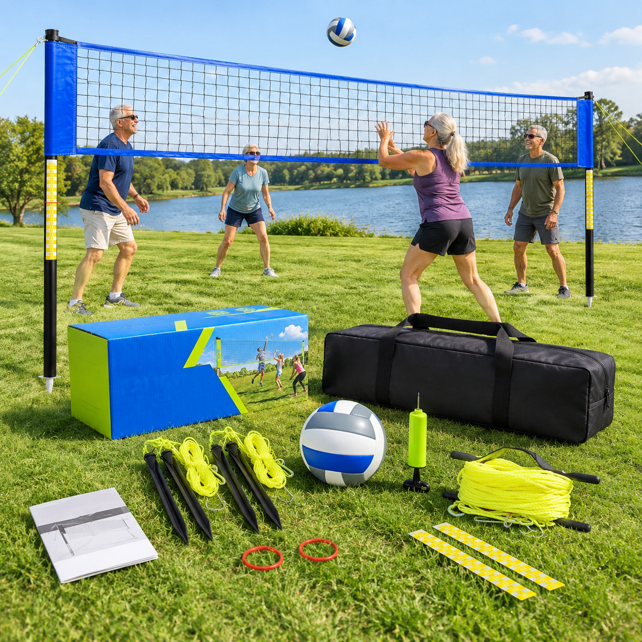 32FT Blue+White Outdoor Volleyball Net System with Adjustable Poles and ...