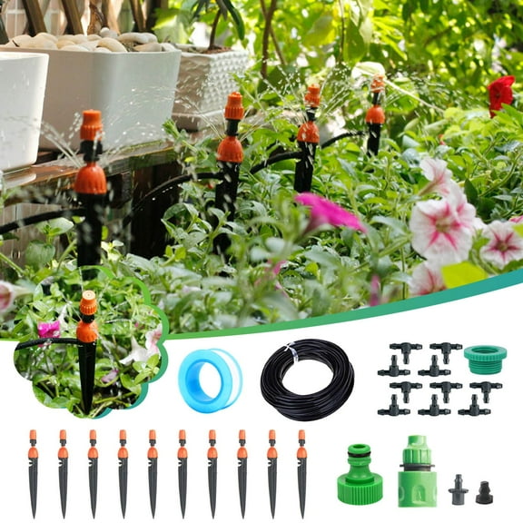 32FT Greenhouse Drip Irrigation Kit | Automatic Watering System | 10-Way Distribution Tubing | Adjustable Nozzle Emitters | Water Saving Garden Misting Kit