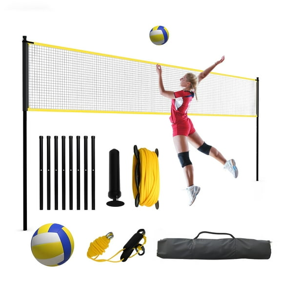 32FT Volleyball Training Net Set with Ball Return, Adjustable Heights 8'/7'8''/7'4'', Portable Volleyball Net with Ball, Pump & Carry Bag for Backyard, Beach, Indoor & Team Practice