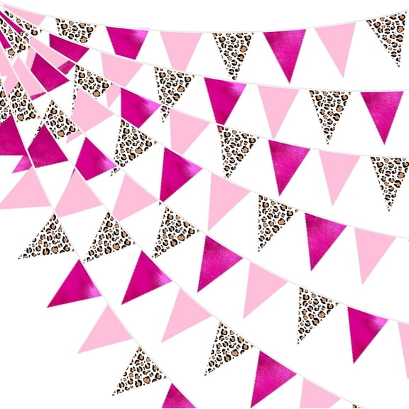 32Ft Cheetah Party Decorations Metallic Hot Pink Leopard Triangle Banner Flag Pennant Fabric Garland Streamers for Wild Animals Birthday Cheetah Bridal Shower Jungle Safari Leopard Decor Supplies