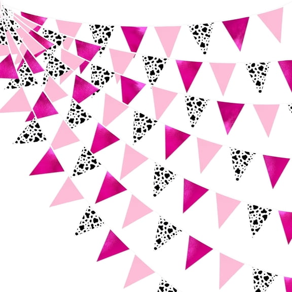 32Ft Cowgirl Party Decorations Hot Pink Cow Printed Triangle Flag Fabric Banner Pennant Bunting Garland Streamer for Western Cowgirls Disco Birthday Baby Shower Party Decor