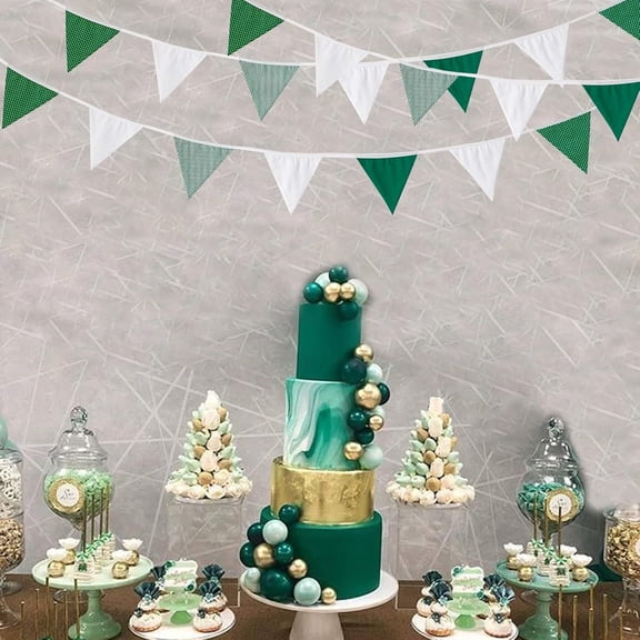 32Ft Green White Stripe Dot Bunting Banner Cotton Triangle Flags Garland for Party Home Outdoor Garden Decor