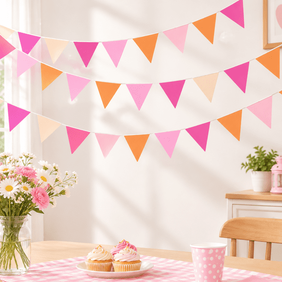 32Ft Orange Pink Party Decorations Hot Pink Orange Pennant Banner Fabric Triangle Flag Garland Streamers for Groovy Birthday Sunset Autumn Spritz Home Outdoor Garden Fall Fiesta Decor Supplies