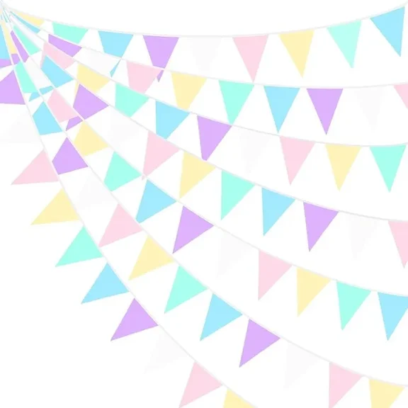 32Ft Pastel Macaron Hanging Cotton Fabric Triangle Flags Garland Banner Backdrops for Spring Wedding Birthday Unicorn Kids Rainbow Party Bridal Baby Shower Home Garden Shop Window Decorations