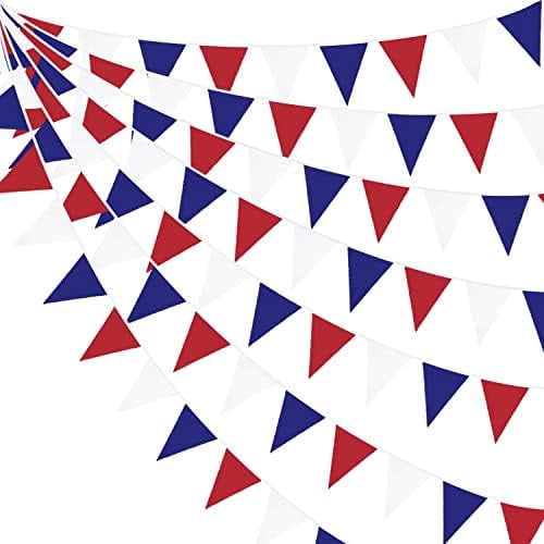 32Ft Red Blue White Banner Party Decorations Fabric Pennant Triangle Flag Bunting Garland for Patriotic 4th of July USA American Independence National Day Graduation Birthday Wedding Outdoor Decor