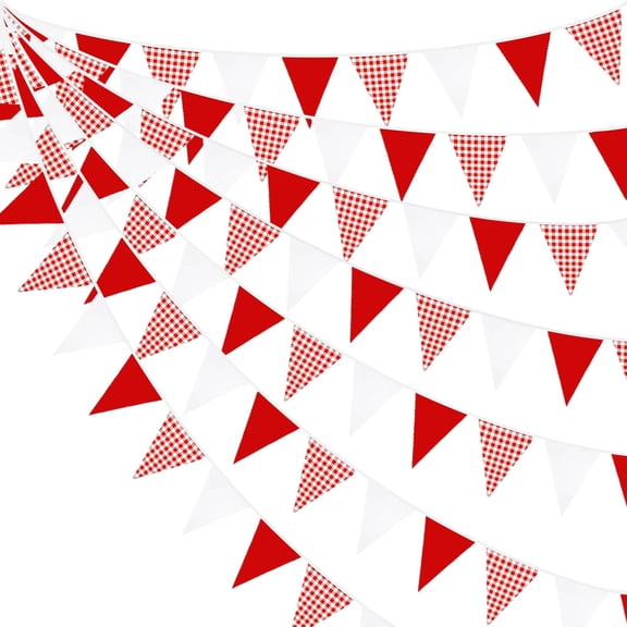 32Ft Red White Plaid Triangle Banner, Fabric Gingham Pennant Garland for Christmas, Wedding, Birthday, Carnival, Picnic & Outdoor Festival Decor