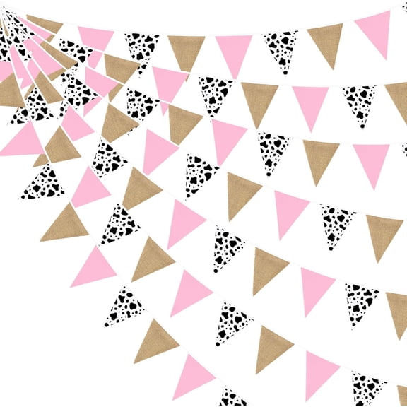 32Ft Western Cowgirl Party Decorations Pink Cow Burlap Triangle Flag Fabric Banner Pennant Garland Streamers for Western Cowgirls Rodeo Birthday Derby Day Farm Animals Wild Party Decor Supplies