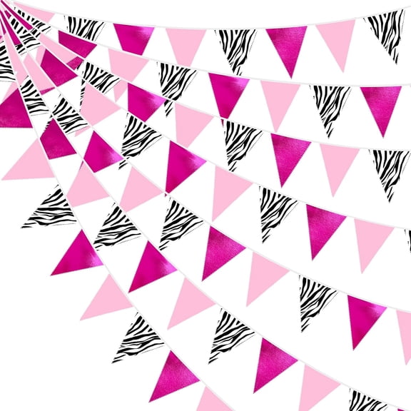 32Ft Zebra Party Decorations Metallic Hot Pink Zebra Triangle Banner Flag Pennant Cheetah Fabric Garland Streamers for Wild Animals Birthday Brodal Shower Jungle Safari Wedding Party Decor Supplies