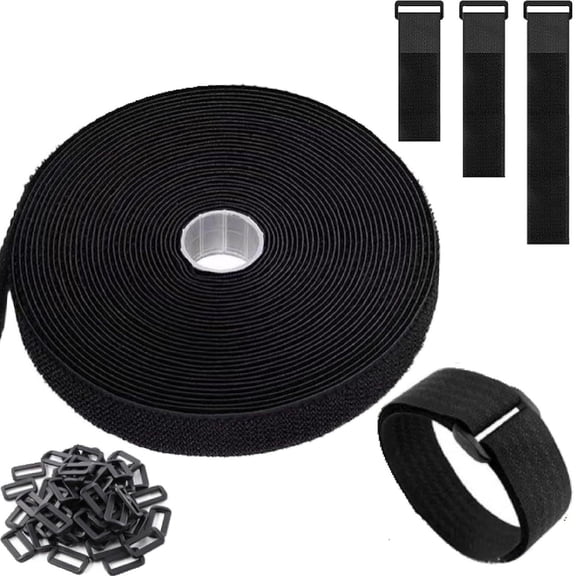 32Ft x 1.5In Adjustable Cable Straps with Buckles, Free Cut Length, Black Reusable Fastening Cable Ties, Hook and Loop Securing Strap for Cable Tidy, Wire Management, Cord Organiser