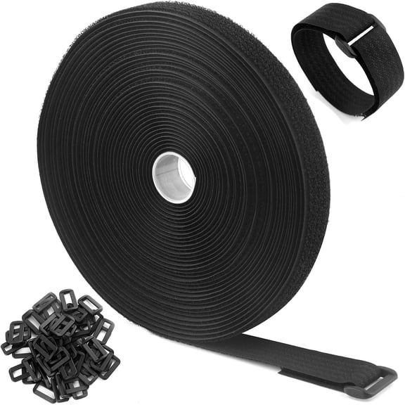 32Ft x 1In Adjustable Cable Straps with Buckles, Free Cut Length, Black Reusable Fastening Ties, Hook and Loop Securing Strap for Tidy, Wire Management, Cord Organiser