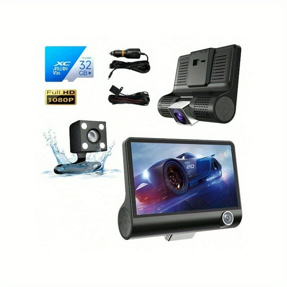 32GB 1080p 4 Inches 3 Channel Dash Cam, Front and Rear Inside Dash Camera for Cars with Super Night Vision, Loop Recording, G-Sensor, Motion Detection, Parking Mode, 170° Wide Angle