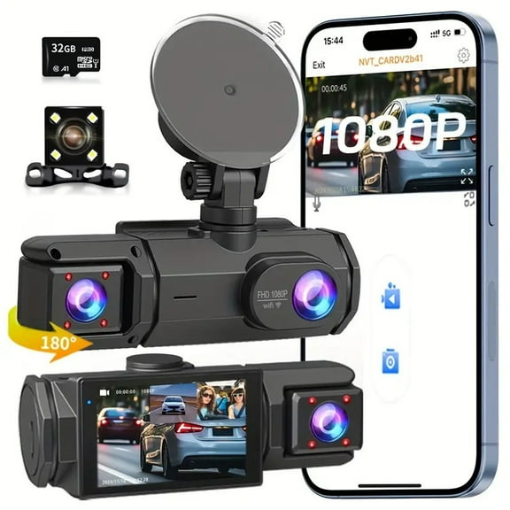 32GB 2.0 Inch IPS Screen 3-Channel Dash Cam - Wide 170 Angle, WIFI, Loop Recording, G-Sensor, Front Inside Rear Camera - Night Vision, Motion Detection, Parking Monitor, and More