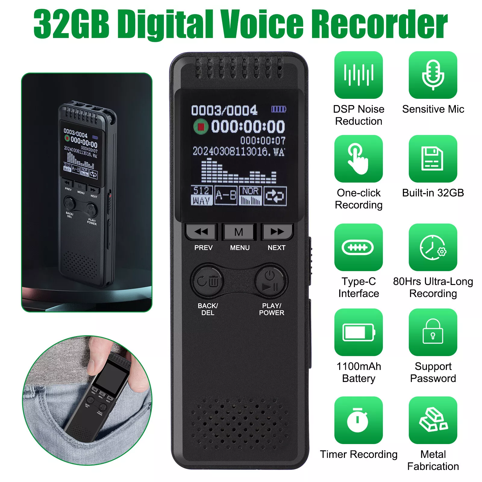 32GB Digital Recorder Voice Activated Recorder w/ Playback for Lectures Meetings