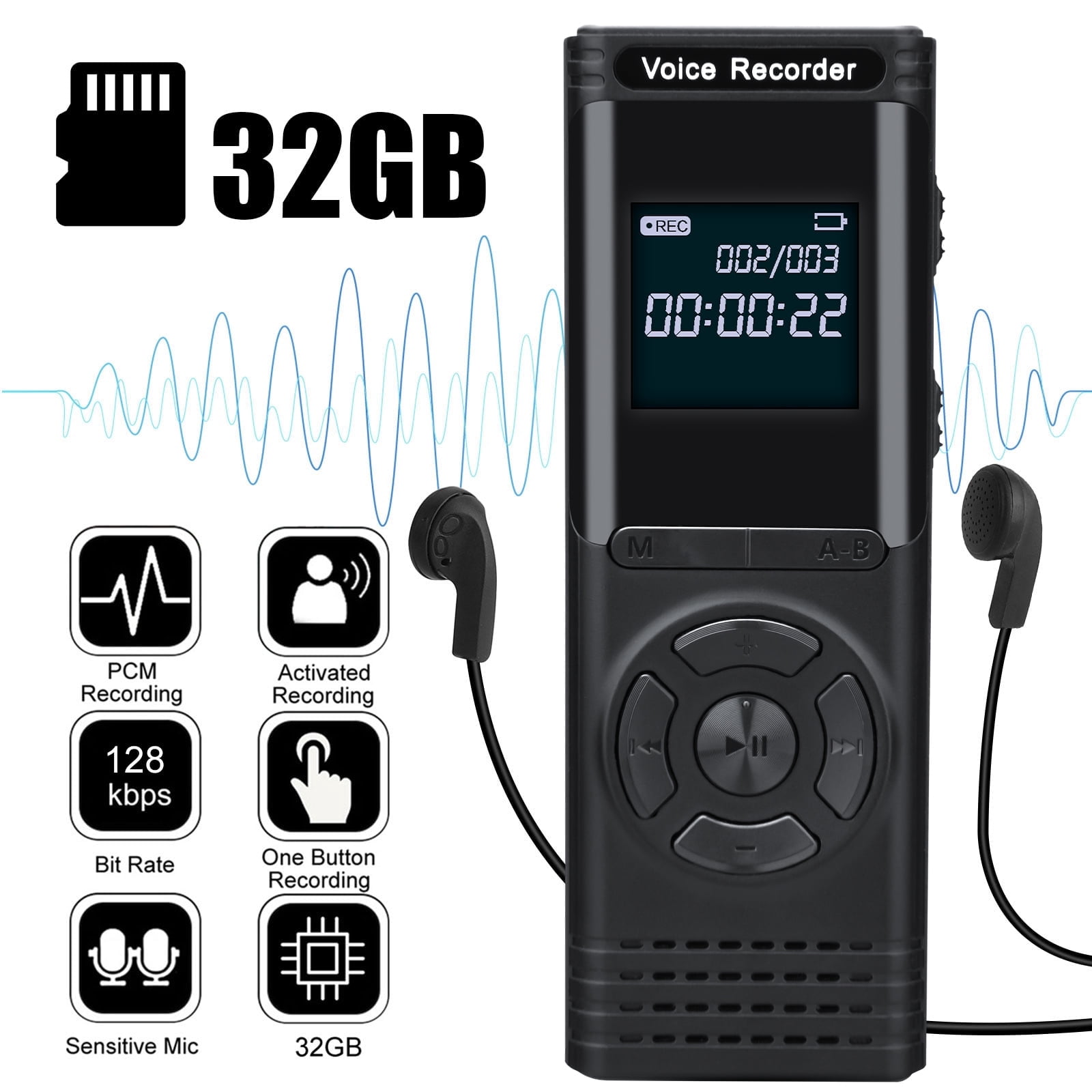 32GB Digital Voice Recorder Voice Activated Recorder, Audio Recorder Mini Portable Tape Dictaphone with Playback, USB, MP3, Noise Cancelling Recorder for Lectures, Meetings, Interviews
