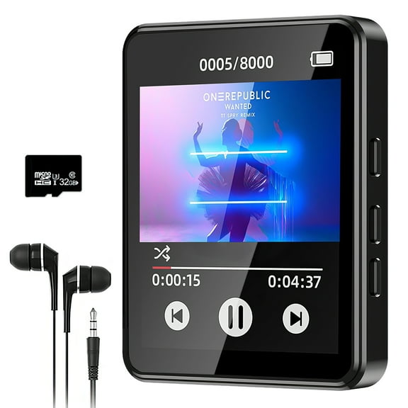 32GB MP3 Player with Bluetooth 5.3, 2.5 inch Full Touchscreen Music MP3 for Kids, FM Radio, Voice Recorder, HiFi Sound, E-Book, Included Earphones and 32G TF Card
