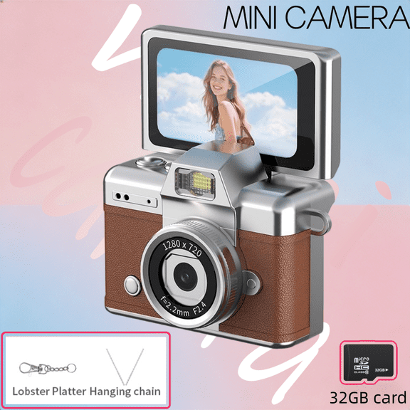 32GB Retro Stylish Pendant Camera (Brown) - 720P HD Student Mini Digital Photocamera, 0.96'' Pocket Video Camera for Outfits & Recording