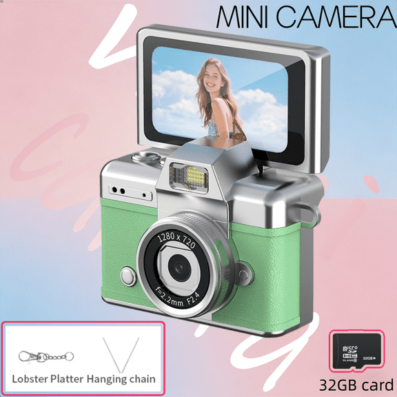 32GB Retro Stylish Pendant Camera (Green) - 720P HD Student Mini Digital Photocamera, 0.96'' Pocket Video Camera for Outfits & Recording