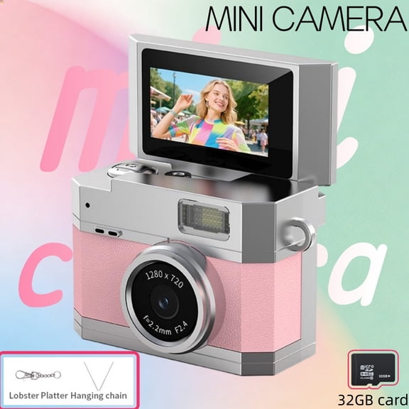 32GB Student Mini Digital Camera (Pink) - 720P HD Retro Tiny Photocamera 0.96'' Pocket Video Camera, Fashionable Wearable Pendant for Campus & Daily Use