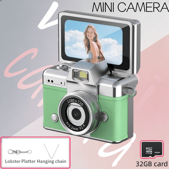 32GB Tiny Wearable Student Digital Camera (Green) - 720P HD Retro Mini Photocamera 0.96'' Video Camera, Fashion Pendant for Daily Shooting & Decor