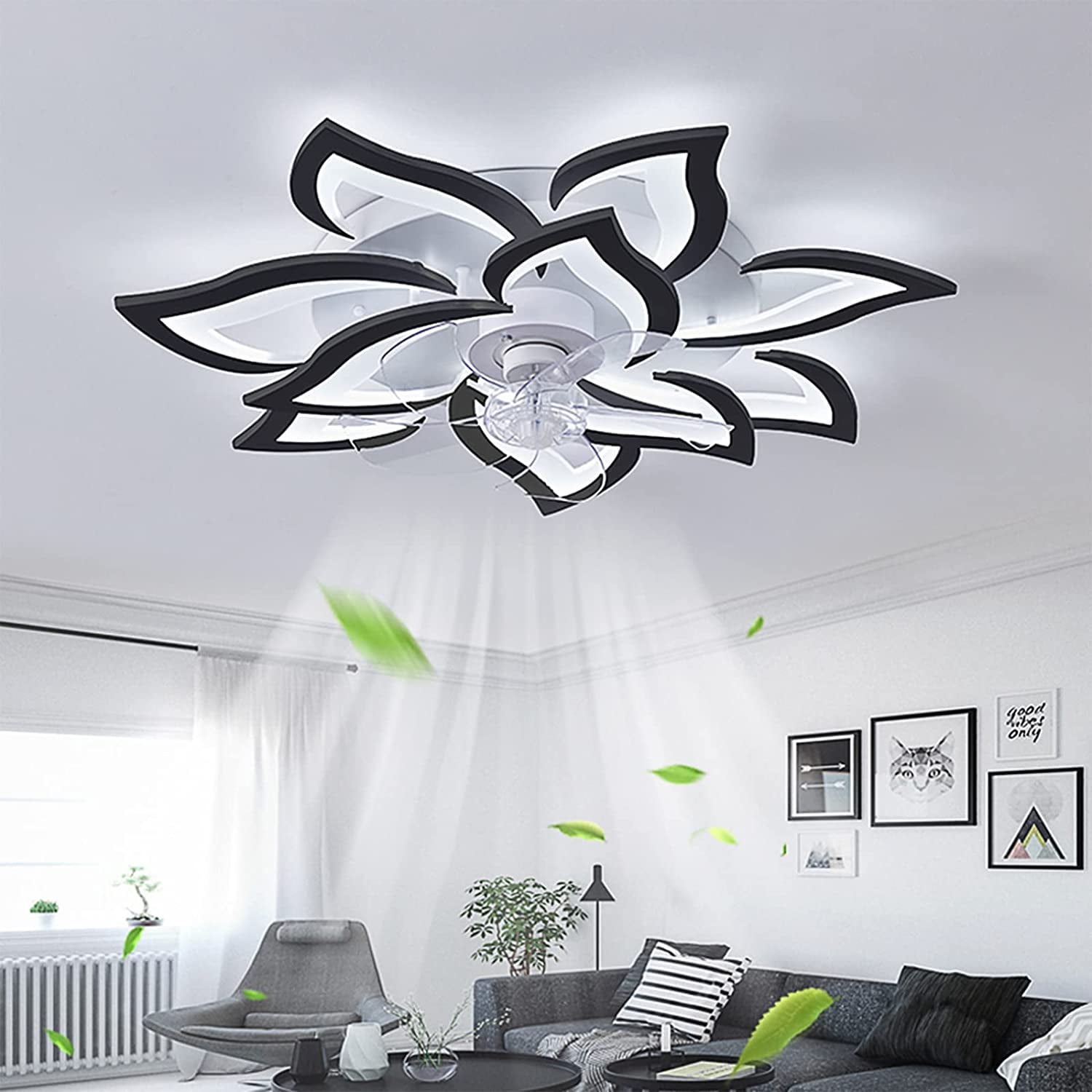 32In Black Ceiling Fans with Lights and APP Remote Control,Modern Flush Mount 3 Color 6 Speeds Dimmable Round Low Profile Ceiling Fan with Lights for Bedroom Children's Room Dining Room Living