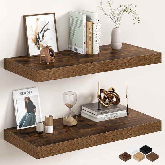 32Inch Floating Shelves for Wall, 12 Inch Deep Bedroom, Kitchen, Bathroom Wall Mounted, Rustic Wood Shelf with Invisible Brackets Books, Storage, Decor, Brown, 2 Packs