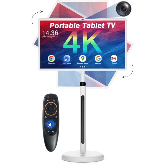 32 inch Portable Smart Tablet TV on Wheels with Full HD Rolling Touchscreen Monitor and Tablet in one,(8GRAM+128GB), Android 13,(5-8-Hour) Battery, Full Swivel Rotation,Voice Remote Control