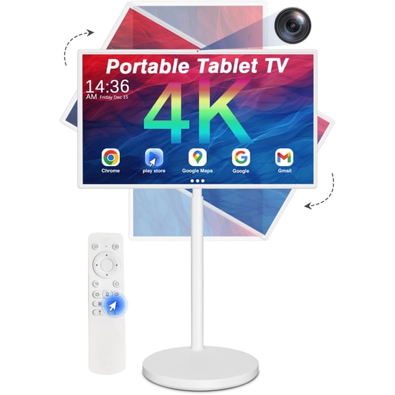 32 inch Portable Smart Tablet TV on Wheels with Full HD Rolling Touchscreen Monitor and Tablet in one,(8GRAM+128GB), Android 13,(5-8-Hour) Battery, Full Swivel Rotation,Voice Remote Control
