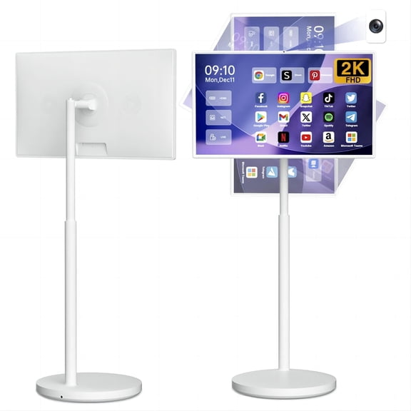 32inch White Portable Smart TV on Wheels, Voice Remote Control, 8+128GB Storage, 1080P Touch Screen TV, Built-in 4K Camera, Android 13 with Google Play
