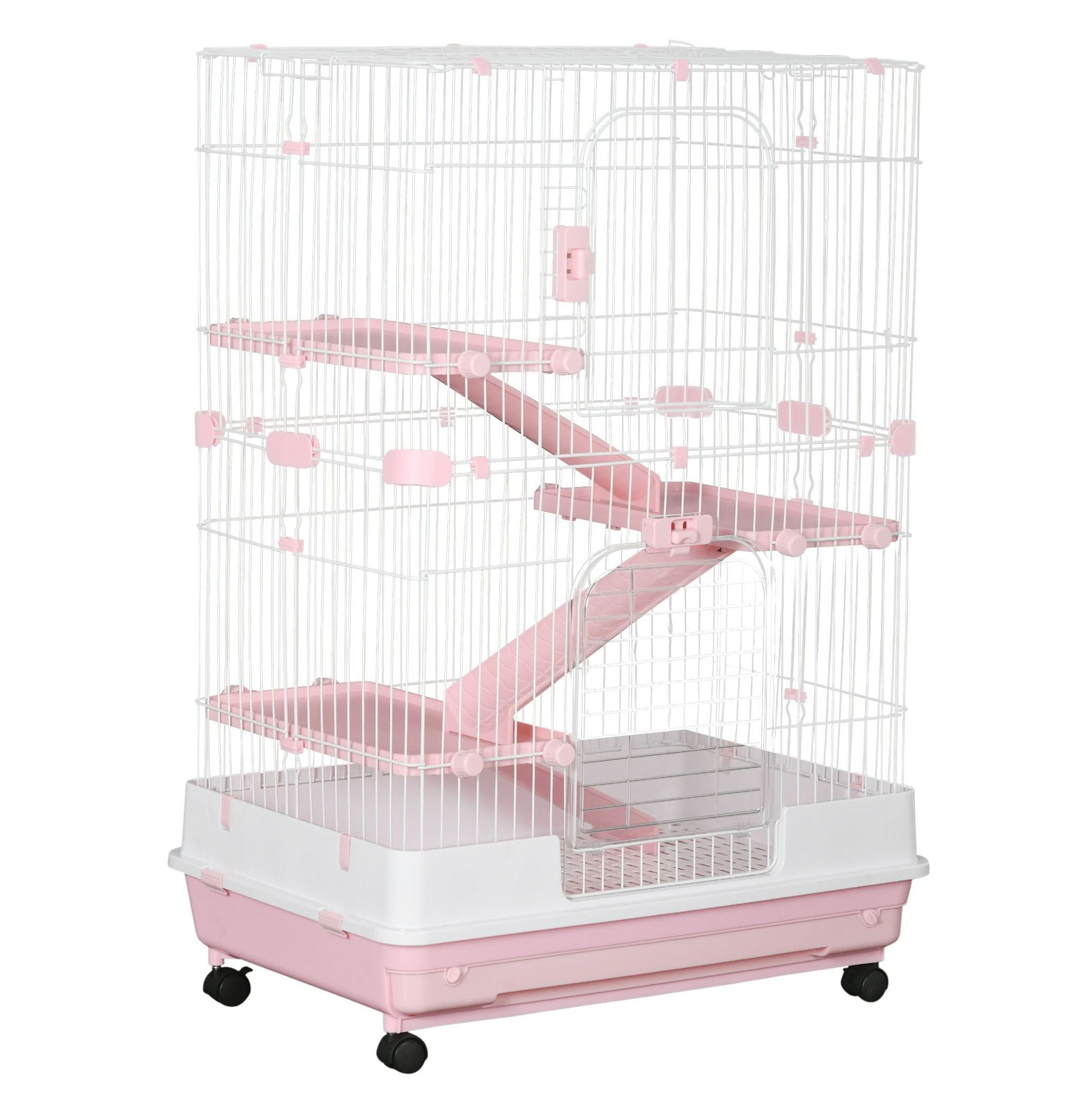 32L 4-Level Small Animal Cage, Rabbit Hutch with Wheels & Tray, Pink - Bunny, Chinchilla, Ferret Habitat
