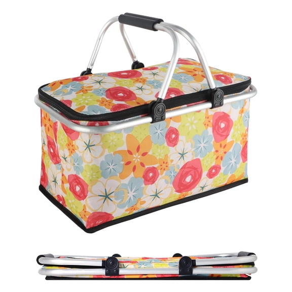 32L Insulated Picnic Basket Cooler Collapsible, Leak-Proof, Lightweight & Stylish, Perfect for Outdoor Adventures, Beach Trips, Camping, and Everyday Errands, Flower