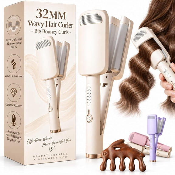 32MM Deep Wavy Hair Curler - Big Bouncy Curls, Heats up in 10 Seconds, 4-Heat Ceramic Hair Waver, Deep U-shaped 32mm for Any Hairstyle Hair Type, Automatic Shut off