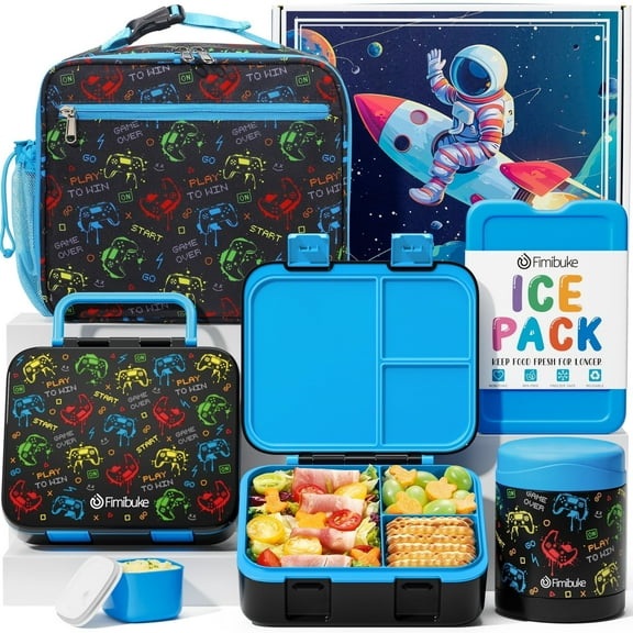 32OZ Bento lunch Box with 12oz Thermos, Insulated Lunch Bag & Ice Pack, Leakproof 3-Compartment Snack Food Container for Work, Travel, or Picnic (Gamepad)